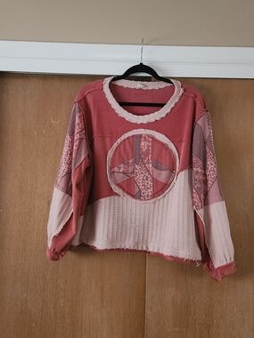 Boho Pink Patchwork Peace Sign Pullover Top